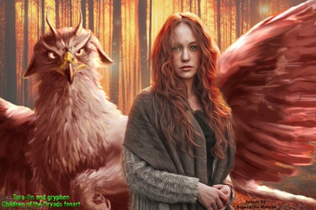 Tara-lin with a gryphon, against a forest backdrop