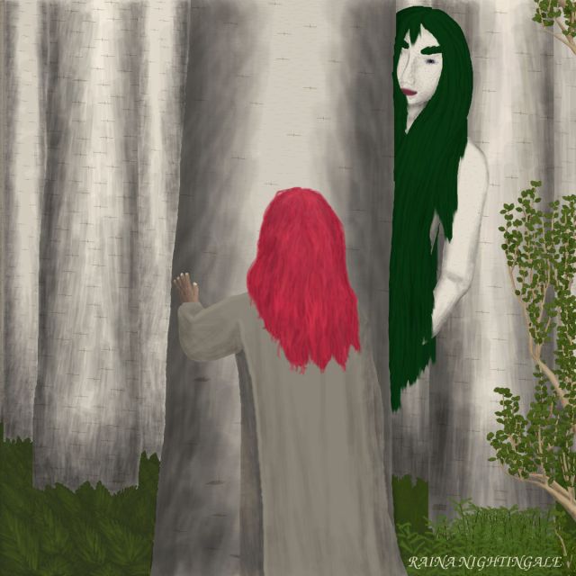 Person with red-orange-pink-gold hair and brown cloak that blend into the tree in front of her with her hand on the tree. Peaking out from behind the tree is a dryad with white skin with flecks of brown, dark emerald hair that covers most of her body like a cloak, and purple eyes. The tree is whitish-tan with lateral brown markings, and many smaller trees like it fill in the background. Ground cover of dark green ferns fills the lower left. The far right foreground is a low-laying bush tree with pale golden bark, branches that shoot primarily up, and oval green leaves. The gorund on the right is covered with a mix of the dark ferns and straight, upright weeds in a lighter shade of green.