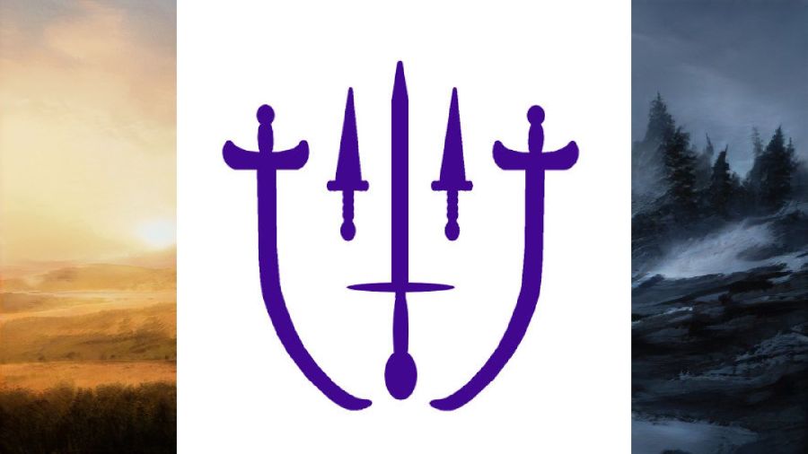 the emblem of the valor alliance, a fictional fantasy confederation or coalition of nations, with a background showing a snowy mountain forested climate and a dry grassland on either side.