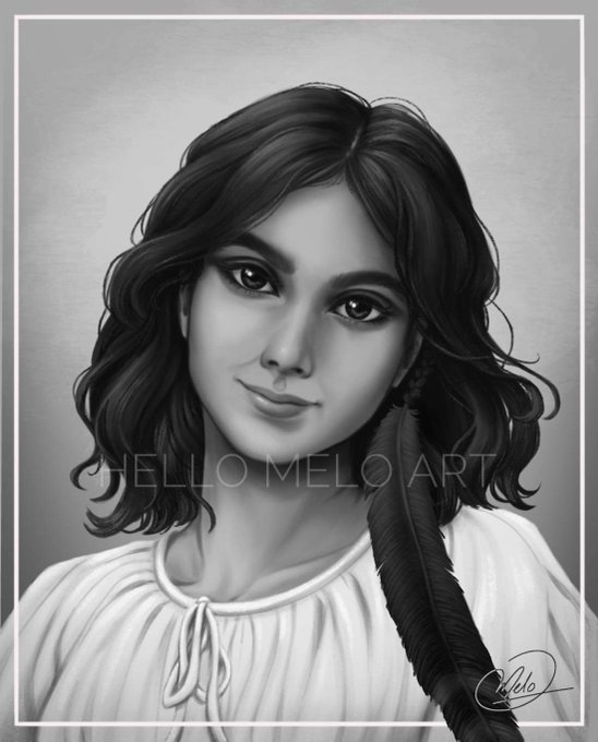 portrait of Alis Luela, with a gryphon feather in her hair