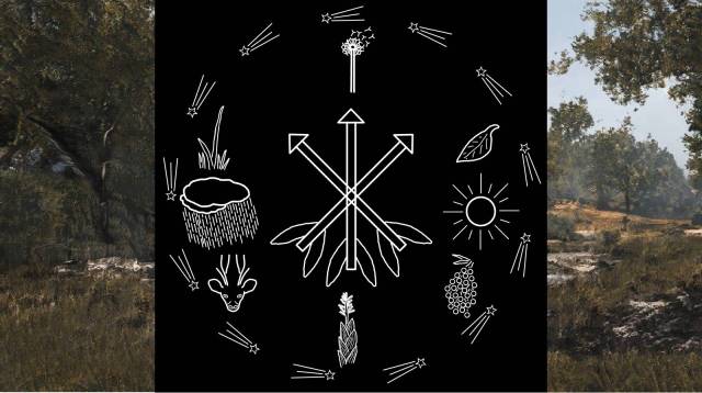 religious symbols of the people of the east Aravin in front of a scenery backdrop of the Aravin mountains; fantasy world, culture, people, and symbols created by Raina Nightingale