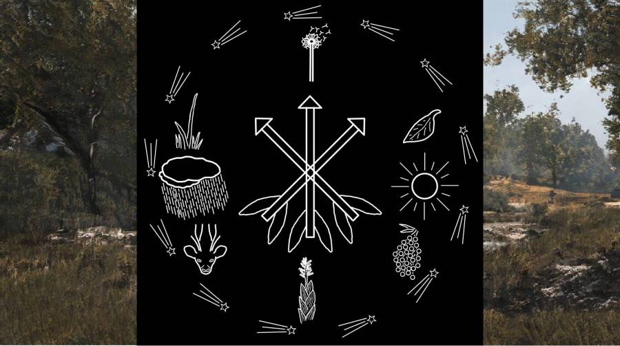 religious symbols of the people of the east Aravin in front of a scenery backdrop of the Aravin mountains; fantasy world, culture, people, and symbols created by Raina Nightingale