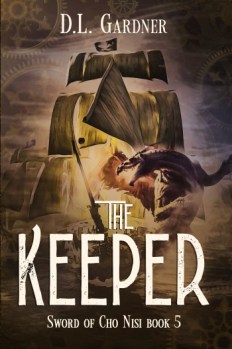 cover of The Keeper, noblebright fantasy by Dianne Gardner, series The Sword of Cho Nisi; a semi-realistic vibe image of a dragon and a ship of the waters; surreal, epic.