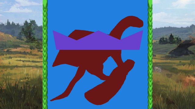 the colorful flag of Silrah - a violet crown around a crimson dragon perched on a branch on a blue background with fringes like overlapping green dragon scales - against a background of semi-arid plains that turn into mixed forests in the distance, before rising into a mountain range above which clouds cross the sky.
