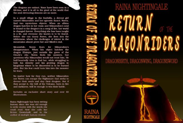 the full-wrap cover of Return of the Dragonriders; a dragon rising out of a volcano overflowing its crater on the right-hand, front cover. Dark, muted colors and bright, fiery ones, all in yellows, reds, and blacks. A black spine with fiery writing; on the left-hand backcover a white dragon curled around the edges. Enticing. Absolutely goregous.