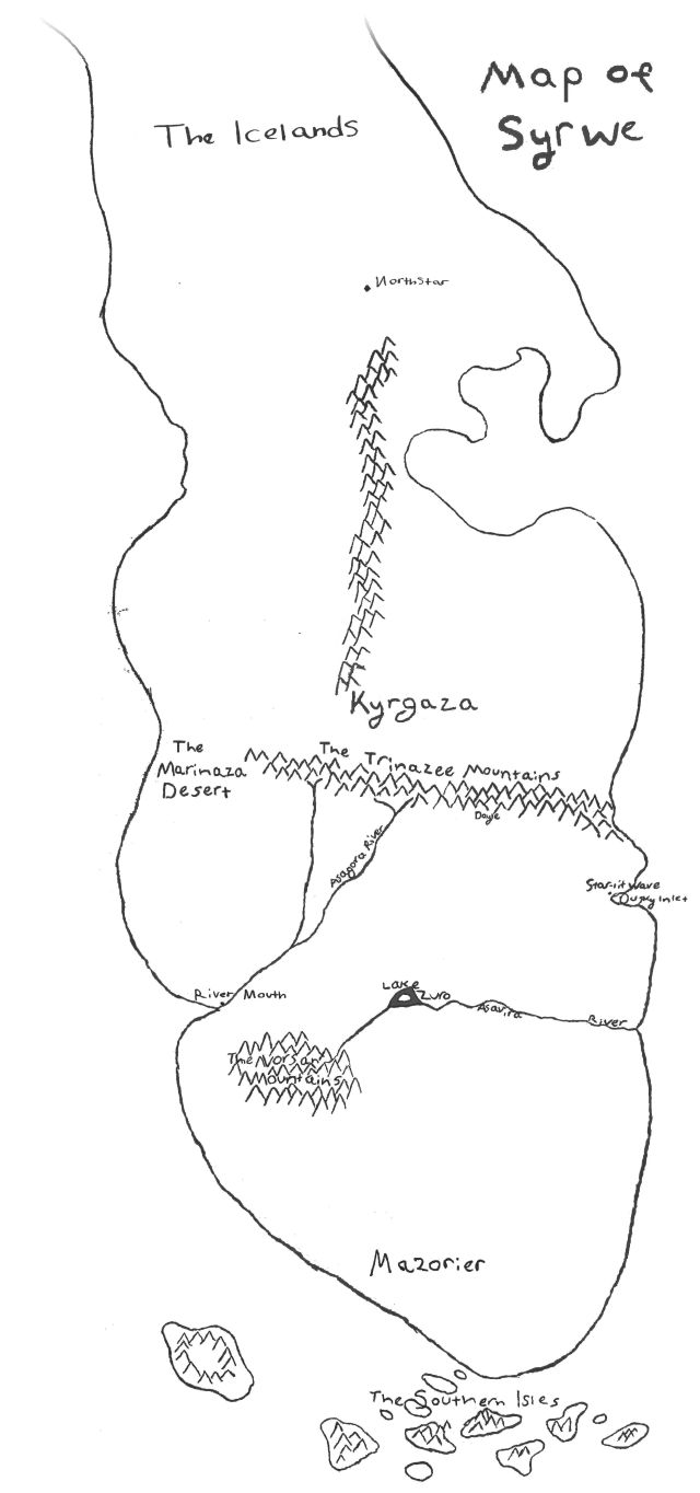 Black and white pencil sketch map of Syrwe, a continent of the fantasy world Kaarathlon, by Raina Nightingale