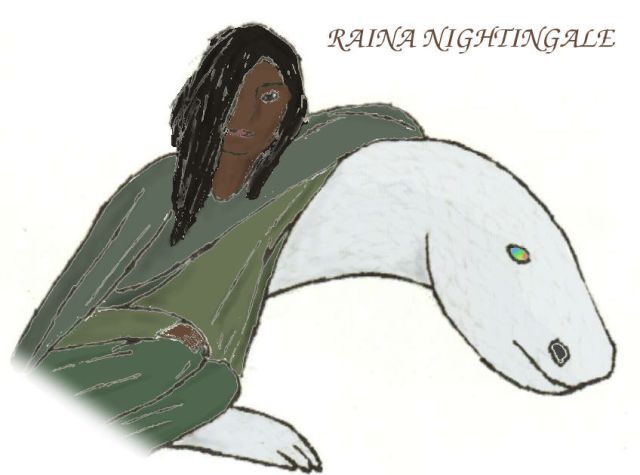 Lavilor, a human boy, sitting with his arm over the neck of his young silver dragon, Sleet.