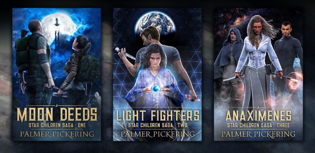 The Moon trilogy, entered in SPFBO 5. Science Fantasy with ethereal-looking covers.