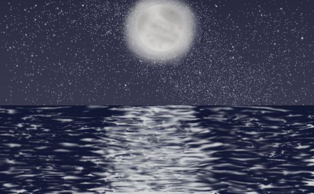 Header art for Kindred of the Sea by Raina Nightingale: the bright full moon shedding a path of light across a gently rippling sea.