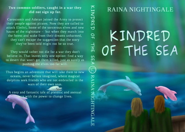 Kindred of the Sea by Raina Nightingale, full wrap-around by Midnight Rose, showing two men standing at the rail of a ship, overlooking waters in a cavern with colored dolphins leaping in the ocean, and the manifestation of the northern lights shining above them. A sandy beach lies at the far end of the cavern.