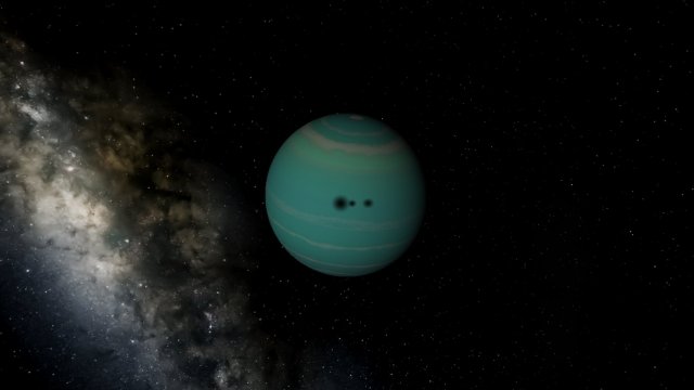 Arxeal, a lightly banded blue-green gas giant with white stripes, and the shadows of three of its moon.