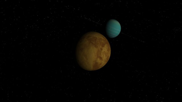 Arxeal from beyond one of its larger moons. In this picture, you can see the glitter from the gas giant's thin rings.