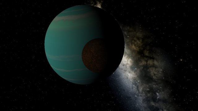 Arxeal, half in shadow. Against its equator hangs a rocky moon, also half in shadow. The band of the galaxy gleams behind them on the shadow size.
