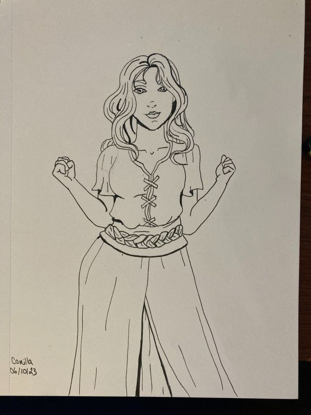 Ink sketch of a woman with somewhat curly hair holding her fists up and wearing loose clothes