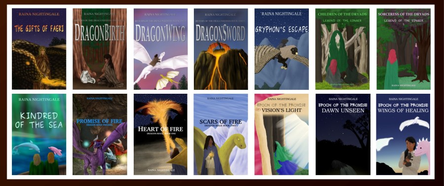 Fantasy novels of Areaer and Kaarathlon by Raina Nightingale; dawndark slice of life X epic fantasy; epoch of the promise, dawn unseen, return of the dragonriders, legend of the singer, heart of fire, dragon-mage; dragons, dragonshifters and gods, dryads, gryphons, magical dolphins, quests, female protagonists, chosen one and trope subversion, ocean fantasy, and more. Themes of good versus evil, morally grey, grimdark and noblebright hopepunk, love, found family, sibling bonds, ride-or-die friendships, and more. Omnibuses, book collections, series, trilogies, duologies, standalones, chonkers, and novellas/short stories. Fans of Dragonriders of Pern, Eragon, A Wizard of Earthsea, George MacDonald, Lilith, the Princess and the Goblin, or the Heralds of Valdemar are sure to find something they'll love!